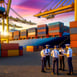 An image of a busy port with cargo ships being unloaded and customs officials inspecting goods