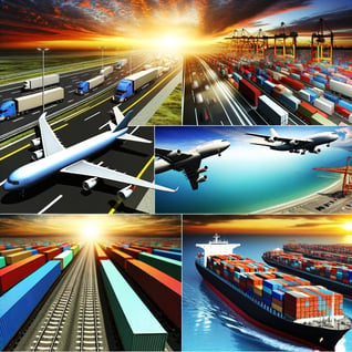 An image of various modes of freight transportation such as trucks, trains, ships, and airplanes moving goods in bulk across long distances